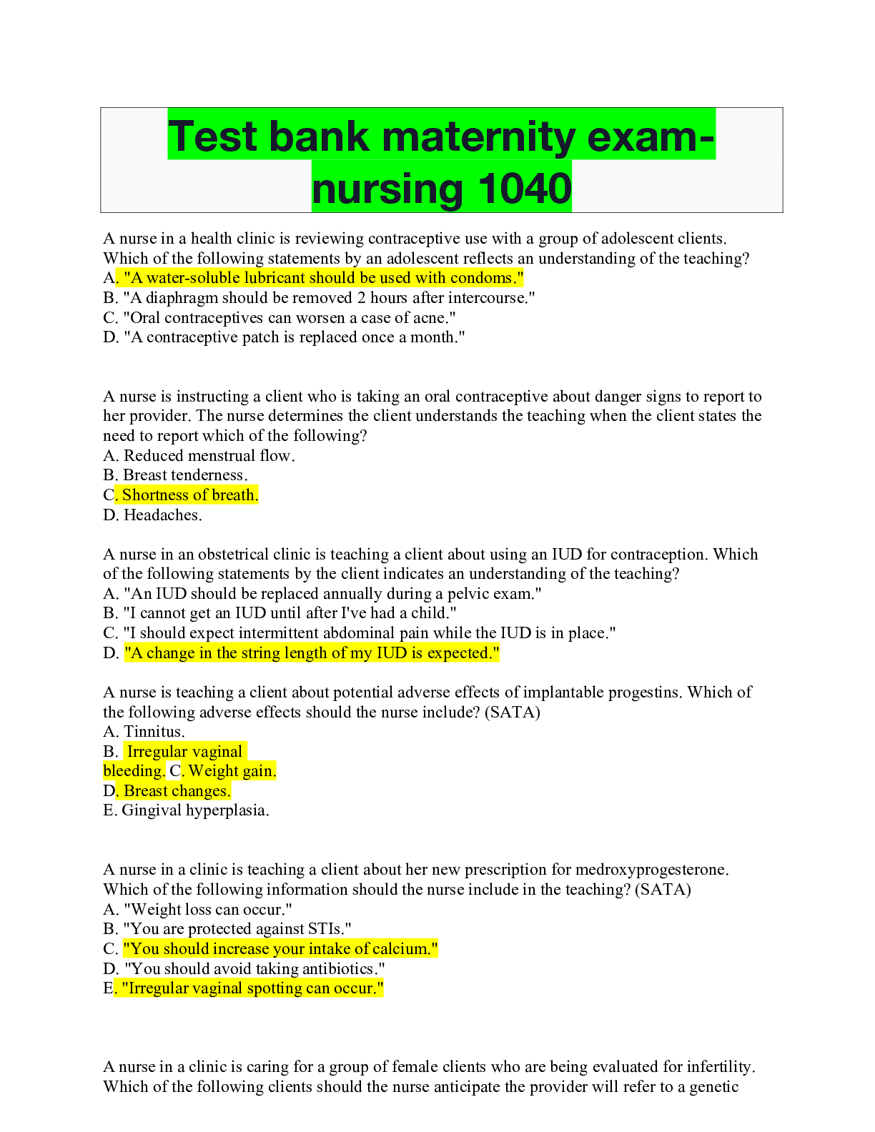 Preview image of Test bank maternity exam-nursing 1040 document